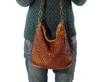 Leather Shoulder Bag, Vintage Handbag, Woven Bag, Women Crossbody Bag, Small Crossbody Bag, Woven Leather Bag, Best Leather Bag, Cognac Bag