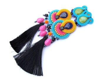 Colorful Tassel Earrings with Clip On - Long Soutache Earrings, Handmade Earrings, Clip On Earrings, Soutache Earrings, Tassel Earrings
