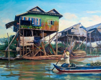 Woman on River Boat in Cambodia Painting. South Asian Travel Landscape. Cambodian Stilt Houses Kampong Phluk. Skyward Haven by Fei Lu
