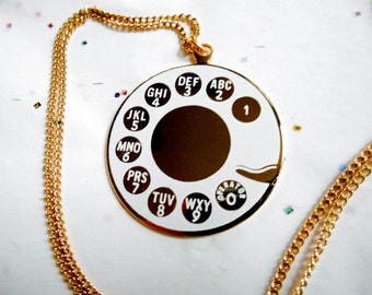 Telephone Dial Necklace, Vintage, Telephone Rotary Dial Necklace, white phone