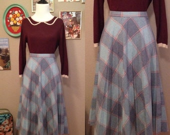 50% Off Spring Sale 1970's Smiley's Trolley Blue and Pink Accordion Pleated Wool Blend Pleated Skirt/ Size XS