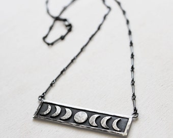 Sterling Silver Moon Phase Necklace. Lunar Phases of The Moon Jewelry. Crescent Moon. Celestial Jewelry. Occult Inspired Jewelry. Rustic.