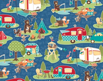 Riley Blake Road Trip Blue Main Cotton Fabric by Kelly Panacci - campers camping trailers cotton precut squares quilting bears