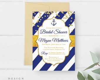 Nautical Bridal Shower Invitation, Coastal Bridal Shower Invitation, Navy and Gold Bridal Shower Invitation, Printed or Printable