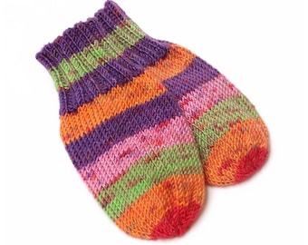 Wool-Free Thumbless Striped Baby Mittens. No Thumb, No Cord Knit Baby Mitts. Winter Mittens on String. Infant 9 to 12 Months Hand Warmers