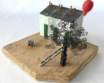 Wooden art, Driftwood, Reclaimed wood, Little wooden Houses, Diorama, Gift for Mum, House warming gift, Recycled Wood Art, Tildys Room