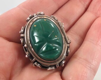 SALE, Mask Face Pendant, Sterling Silver, Vintage Locket, Mexico, Pin Brooch, Carved Green Onyx, Aztec, Large Big Statement, Unique Unusual