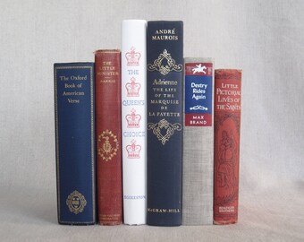 Vintage Red, White, Blue and Gray Decorative Books Set, Book Collection, Stack of Books, Wedding Centerpiece, Home Staging, Book Bundle