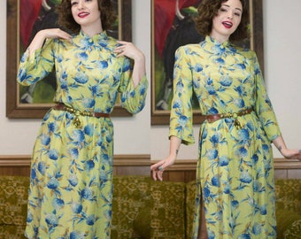 1940s Cheongsam | Chartreuse | 40s Silk Dress | 40s Dress | 1940s Dress | Long Sleeve Cheongsam | 40s Floral Dress | High Collar |