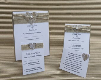 20 Rustic hessian lace heart wedding evening invitations A6 size with C6 white or ivory envelopes