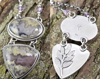 Mossy Agua Nueva Agate Necklace with Sage Leaf Design - Herbal Jewelry - Herb Necklace - Sage Necklace - Agua Nueva Jewelry - Sage Jewelry