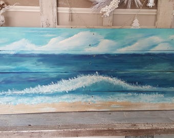 Ocean Waves Beach Pallet Wood Art Painting Rustic Barnwood Recycled Upcycled