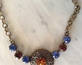 Topaz Crystal Medallion Necklace, Filigree Necklace, Filigree Medallion Necklace, Topaz Crystal Necklace, Sapphire Crystal Necklace