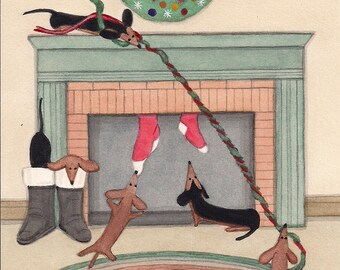 12 Christmas Cards: Dachshund (doxie) family on Christmas morning / Lynch folk art