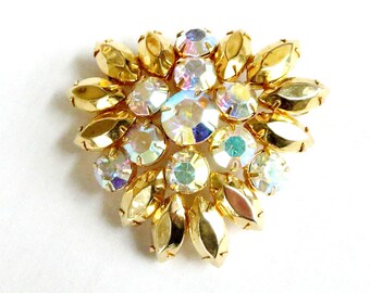 Gold Rhinestones Brooch with Aurora Borealis Vintage Juliana Style