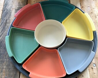 Vintage Retro 1970s Melamine Sectioned Chip and Dip Tray / Pastel Colours / Plastic Partitioned Serving Tray