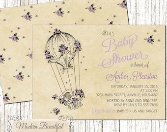 Baby Girl Balloon Vintage Baby Shower invitation, chic baby shower invitation, lavender purple or pink, girl baby shower, vintage balloon