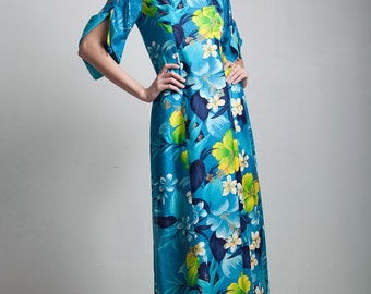 blue hawaiian floral maxi dress 70s vintage cotton split funnel sleeves ankle length SMALL S