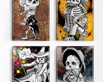 Set of 4 Magnets Day of the Dead Skeleton Men