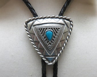 1980s Native American Style Design Bolo Tie, Faux Turquoise, J.J. Signed Dated