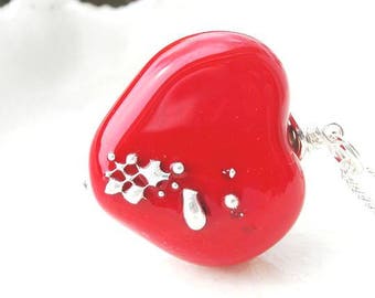 Red Heart Necklace, Lampwork Heart Necklace