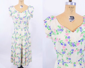 1940s floral dress | 40s floral wreath dress | AS IS vintage full skirt dress | L W 29"