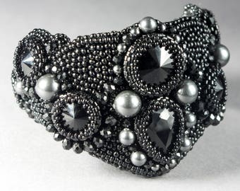 Black cuff bracelet for women Black wide bracelet Hand embroidered bead bracelet Bead embroidered cuff Wide black cuff embroidered bracelet
