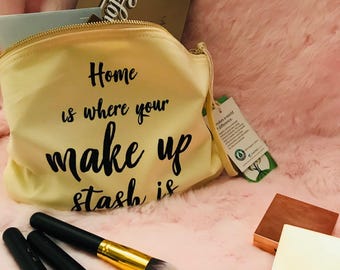 Home is wear your makeup stash is slogan makeup bag organic cotton wash bag cosmtic bag beauty womens gifts