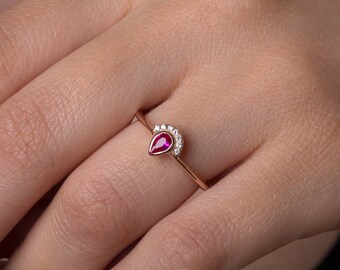 Ruby ring, Diamond ring, Pear cut ruby, Dainty ruby ring, Genuine ruby, Diamonds, Trendy ruby ring, Ruby diamond ring