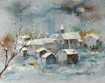 Original watercolour painting of a village in the night in winter - snow covered houses painting