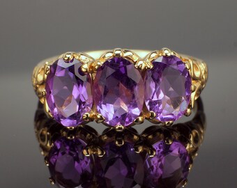 Amethyst Ring, Triple Gemstone Ring, Victorian Style 3 Stone Ring