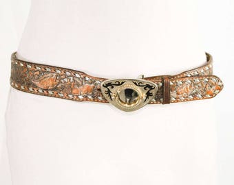 Men's Medium Belt - 1970s Tooled Look Leather - Brassy Metal Buckle to Showcase A Coin - Western Cowboy Hunting & Fishing - Waist 36 - 48952