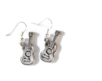 Silver Guitar Earrings, Musician Earrings, Guitarist Jewelry, Music jewelry