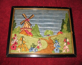 VINTAGE WINDMILL EMBROIDERY Framed In Antique Wood Frame 9" X 11" Painted Black Inner Gold Border Features Windmill Flowers Pathway