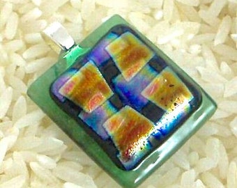 Fused Glass Pendant Semi Transparent Green with Squares Patterned Dichroic - Gift Box