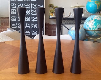 Wood Turned Candle Holder Scandinavian Modern Set Of Four