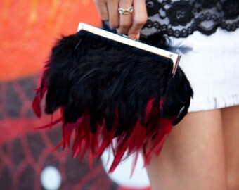 Red Feather Purse Clutch with Rich Red and Black feathers with a Jeweled Clasp
