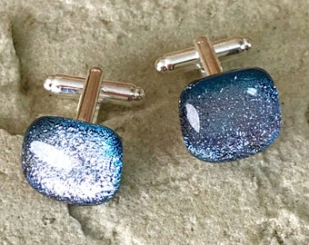 Dichroic Glass Cufflinks on Silver Tone T Bar Fittings - Iridescent Colour Changing Sparkling Silver Through to to Blue - Gift Boxed