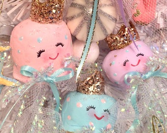Happy Pink jellyfish ornament anthropomorphic beach nautical coastal whimsical christmas ornament vintage retro inspired art doll