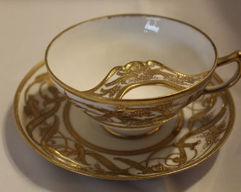 Mustache Tea Cup and Saucer Set Nippon Noritake Hand Painted Gold Antique Rare