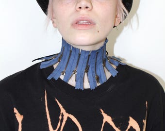 Pretty Disturbia hand made zips funky chunky choker necklace steam punk grunge alternative blue gold