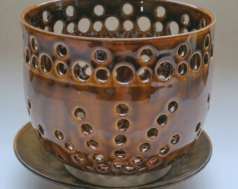 Dark Amber Orchid Flower Pot with Air Vents and Matching Drip Saucer - Make Your Orchid Happy! Wheel Thrown Pottery