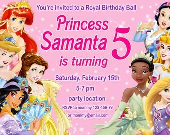 SALE, Disney Princess Birthday Invitation, Disney Princess Invitation, Princess Invitation, girls Birthday Invitation- Digital file