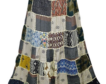 Everyday Fun Square Cut Patchwork Skirt Vintage Printed Rayon Womens Long Skirts