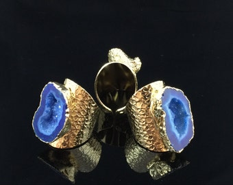Blue Agate Geode Ring Dark Blue Druzy Ring Adjustable Gold Rings Gemstone Rings Sparkly Druzy Geode Drusy Band Rings
