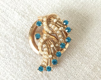 Vintage blue rhinestone faux seed pearl brooch