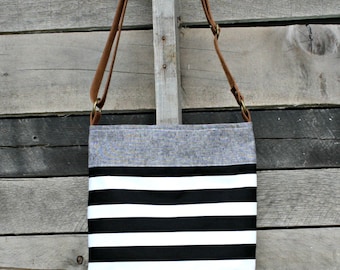 Crossbody Bag, Denim, Black and White Stripe, Genuine Leather, Everyday Purse, Adjustable Strap