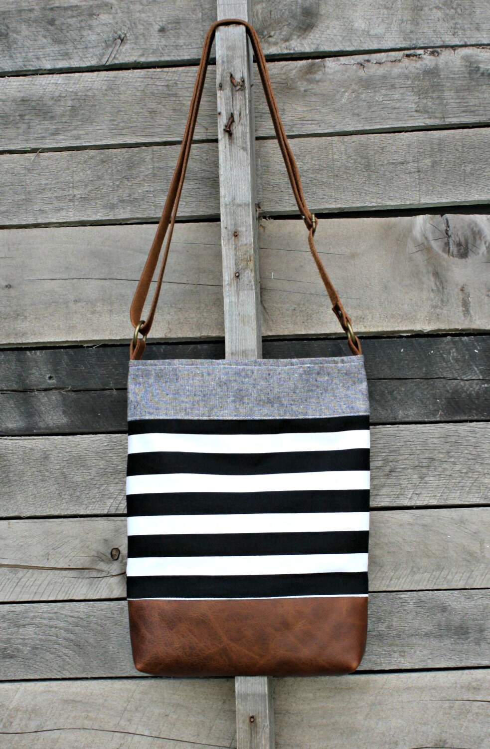 Crossbody Bag Denim Black and White Stripe Genuine Leather