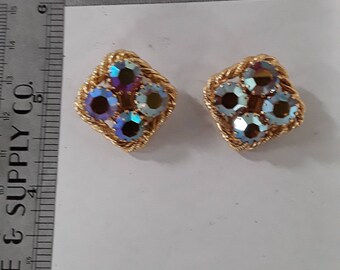 Gold toned aurora borealis clip on earrings