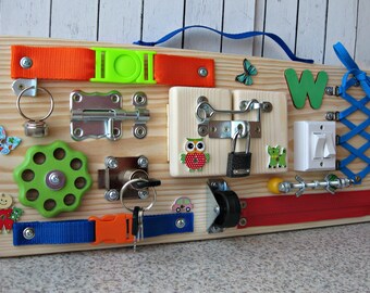 Personalized Busy Board , Toy for Toddler , Sensory Children Game, Activity Toy, Montessori Toy, Wooden Toy, Toddler quiet game